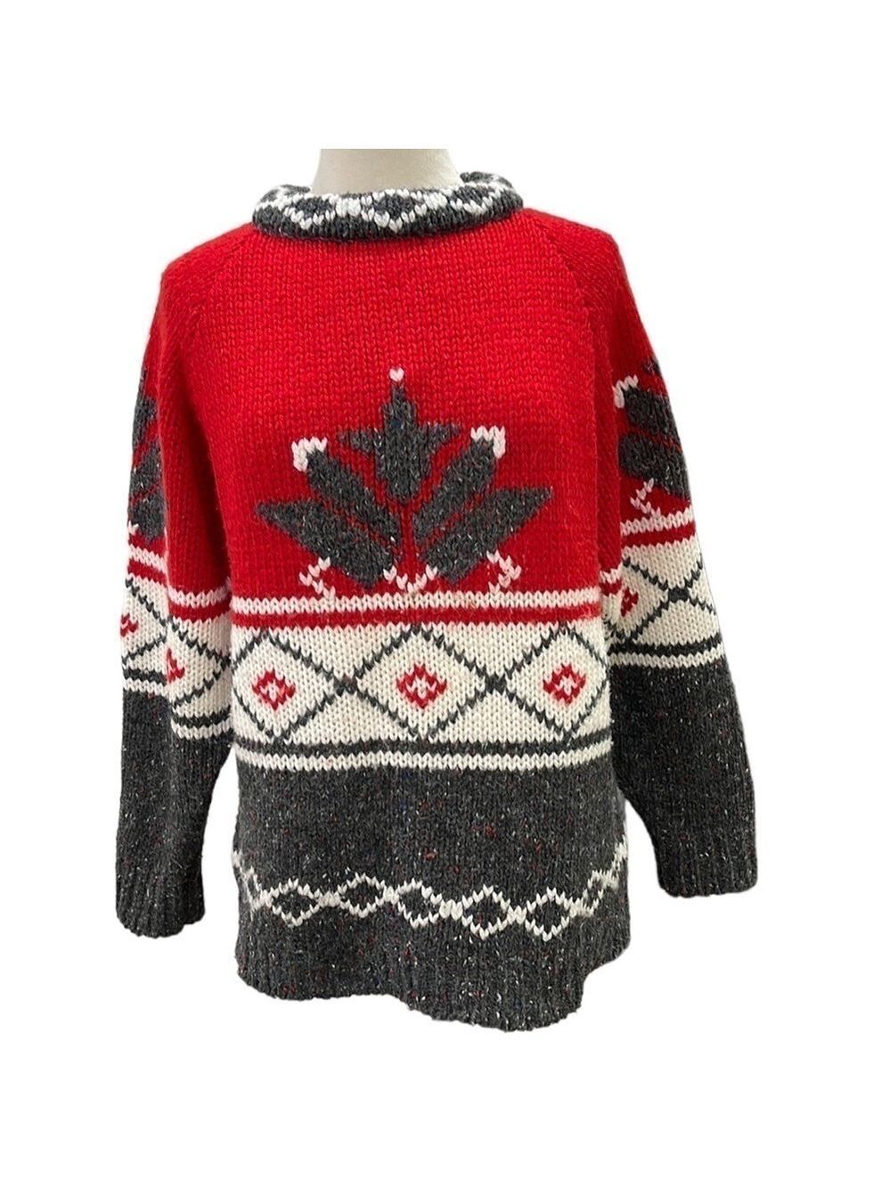 Vintage Susann D Oversized Acrylic Wool Nordic Print Sweater Red Grey Cream SZ M